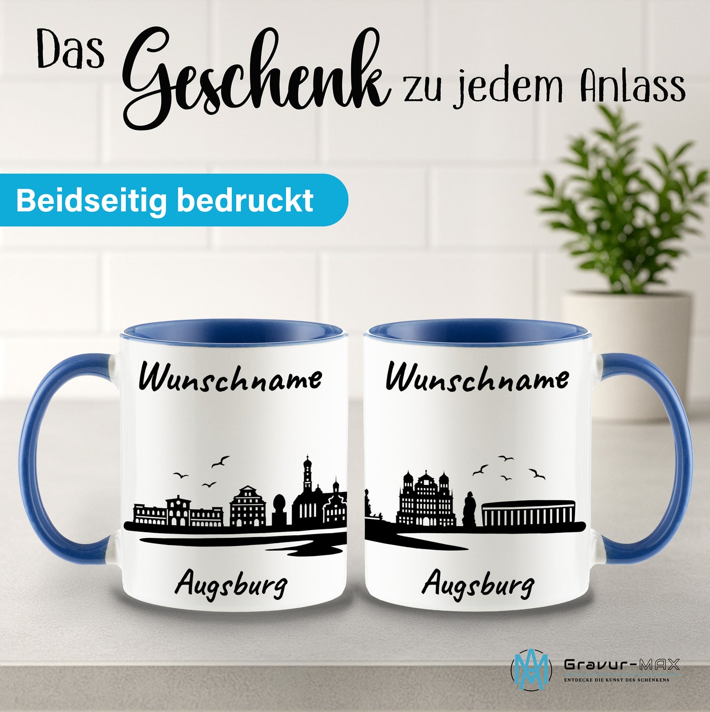 Tasse in Cambridge Blau 330ml bedruckt mit der Skyline von Augsburg personalisierbar mit Wunschname