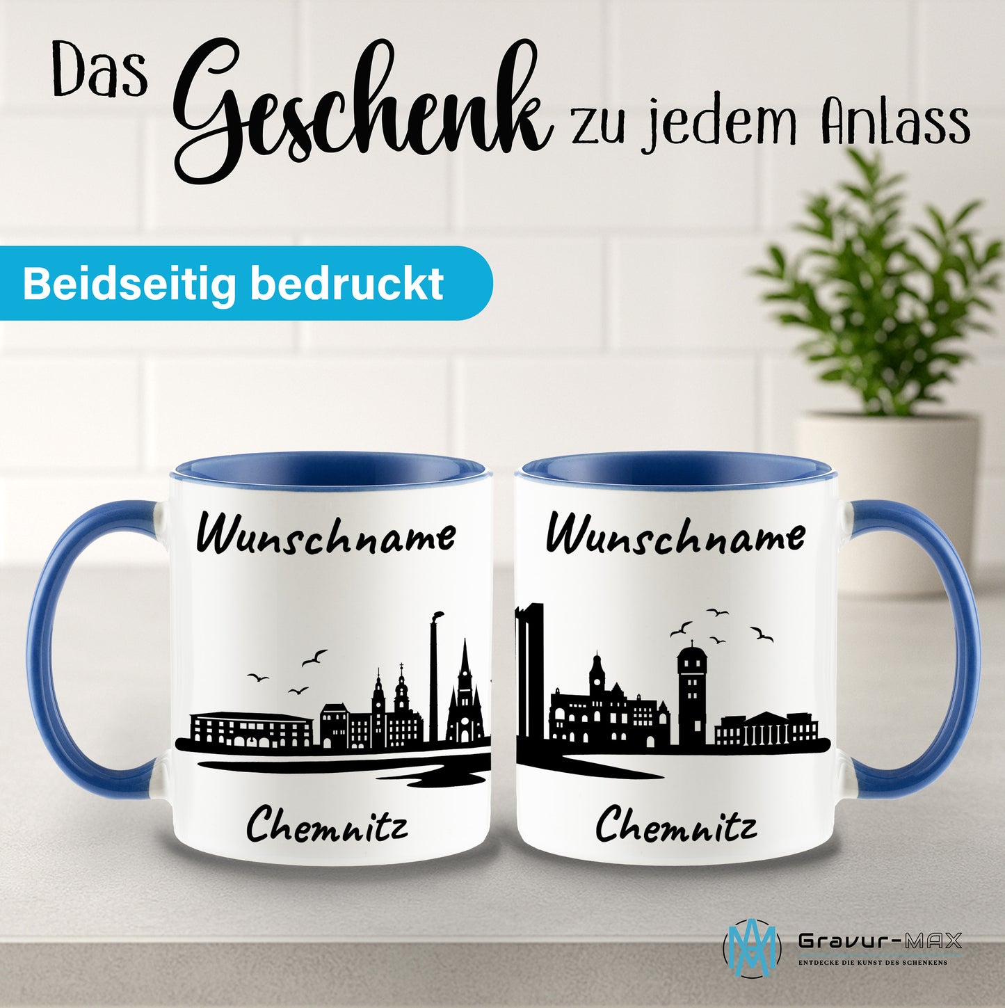 Tasse in Cambridge Blau 330ml bedruckt mit der Skyline von Chemnitz personalisierbar mit Wunschname