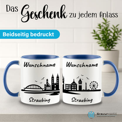 Tasse in Cambridge Blau 330ml bedruckt mit der Skyline von Straubing personalisierbar mit Wunschname