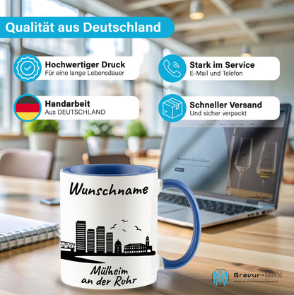 Tasse in Cambridge Blau 330ml bedruckt mit der Skyline von Mülheim an der Ruhr personalisierbar mit Wunschname