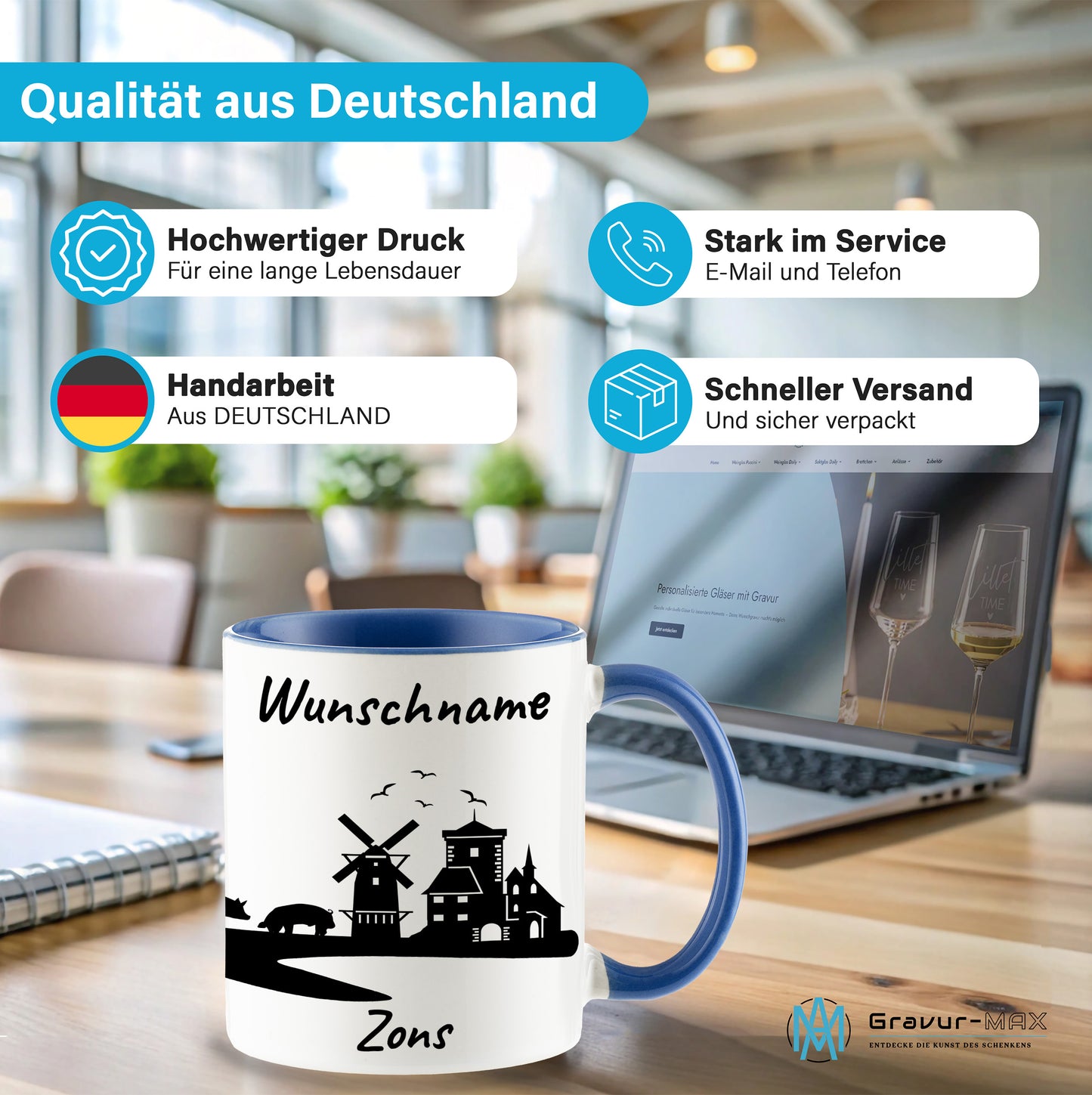 Tasse in Cambridge Blau 330ml bedruckt mit der Skyline von Zons (Dormagen) personalisierbar mit Wunschname