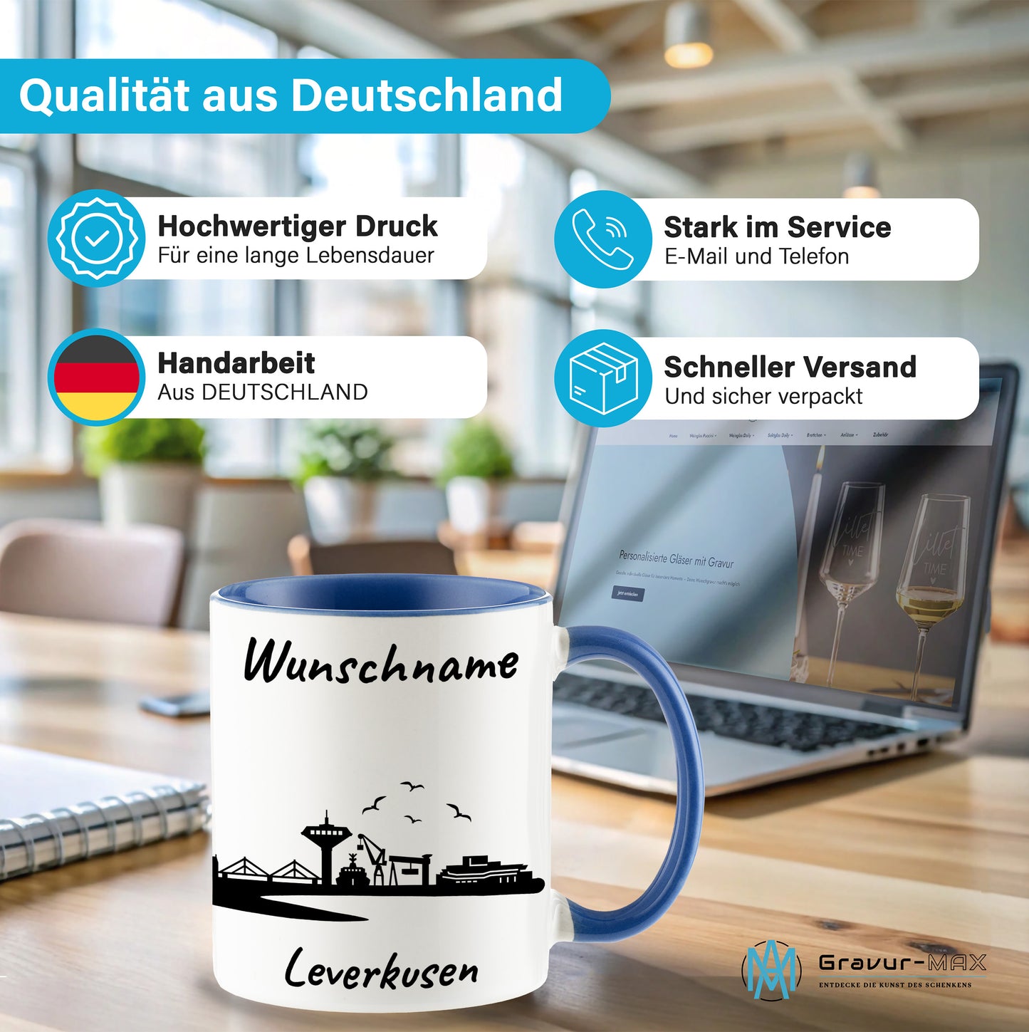Tasse in Cambridge Blau 330ml bedruckt mit der Skyline von Leverkusen personalisierbar mit Wunschname