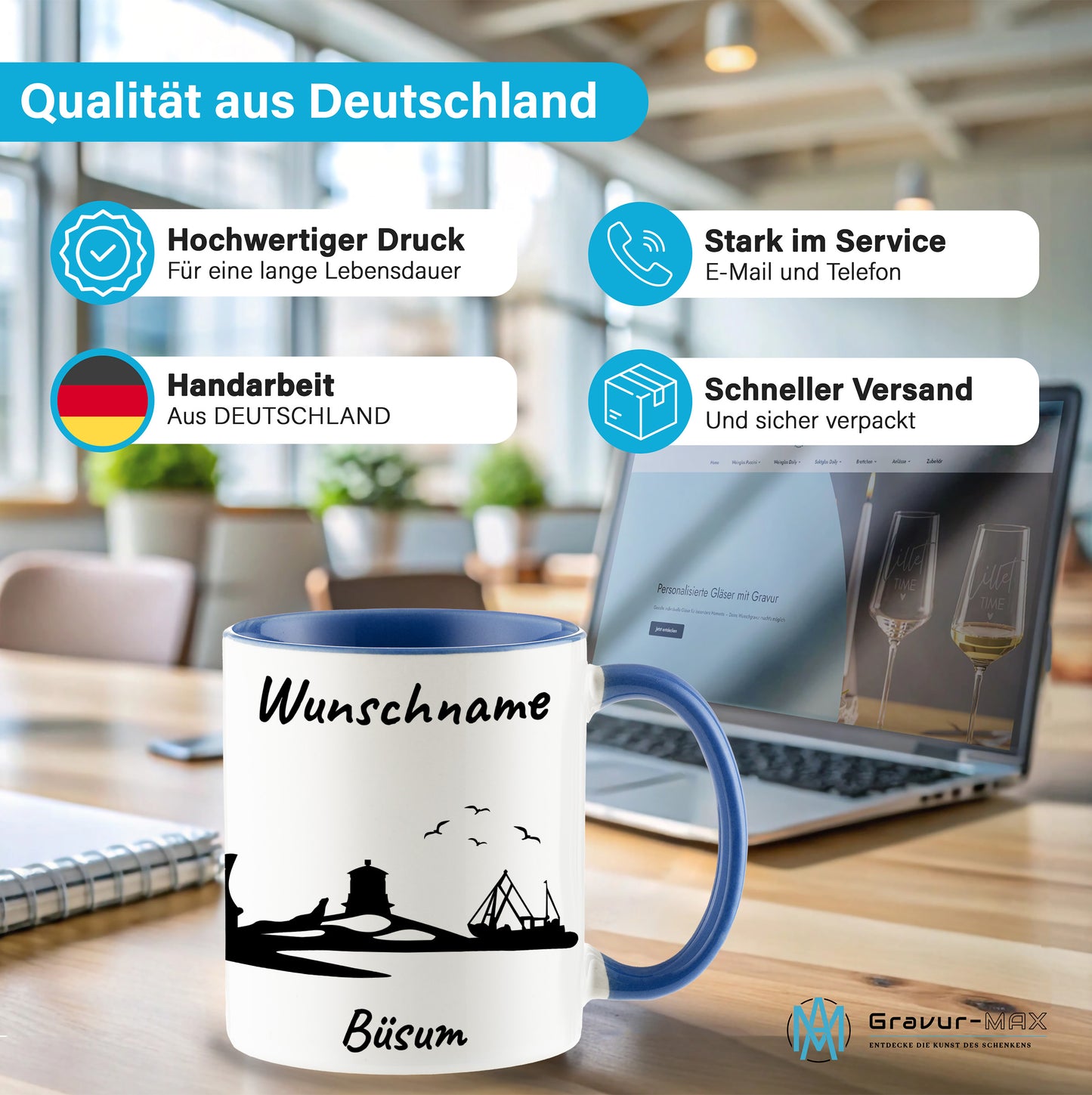 Tasse in Cambridge Blau 330ml bedruckt mit der Skyline von Büsum personalisierbar mit Wunschname