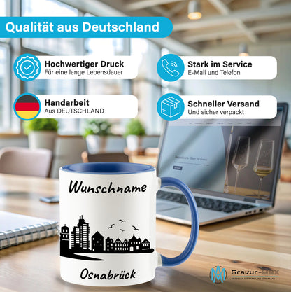 Tasse in Cambridge Blau 330ml bedruckt mit der Skyline von Osnabrück personalisierbar mit Wunschname