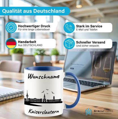 Tasse in Cambridge Blau 330ml bedruckt mit der Skyline von Kaiserslautern personalisierbar mit Wunschname