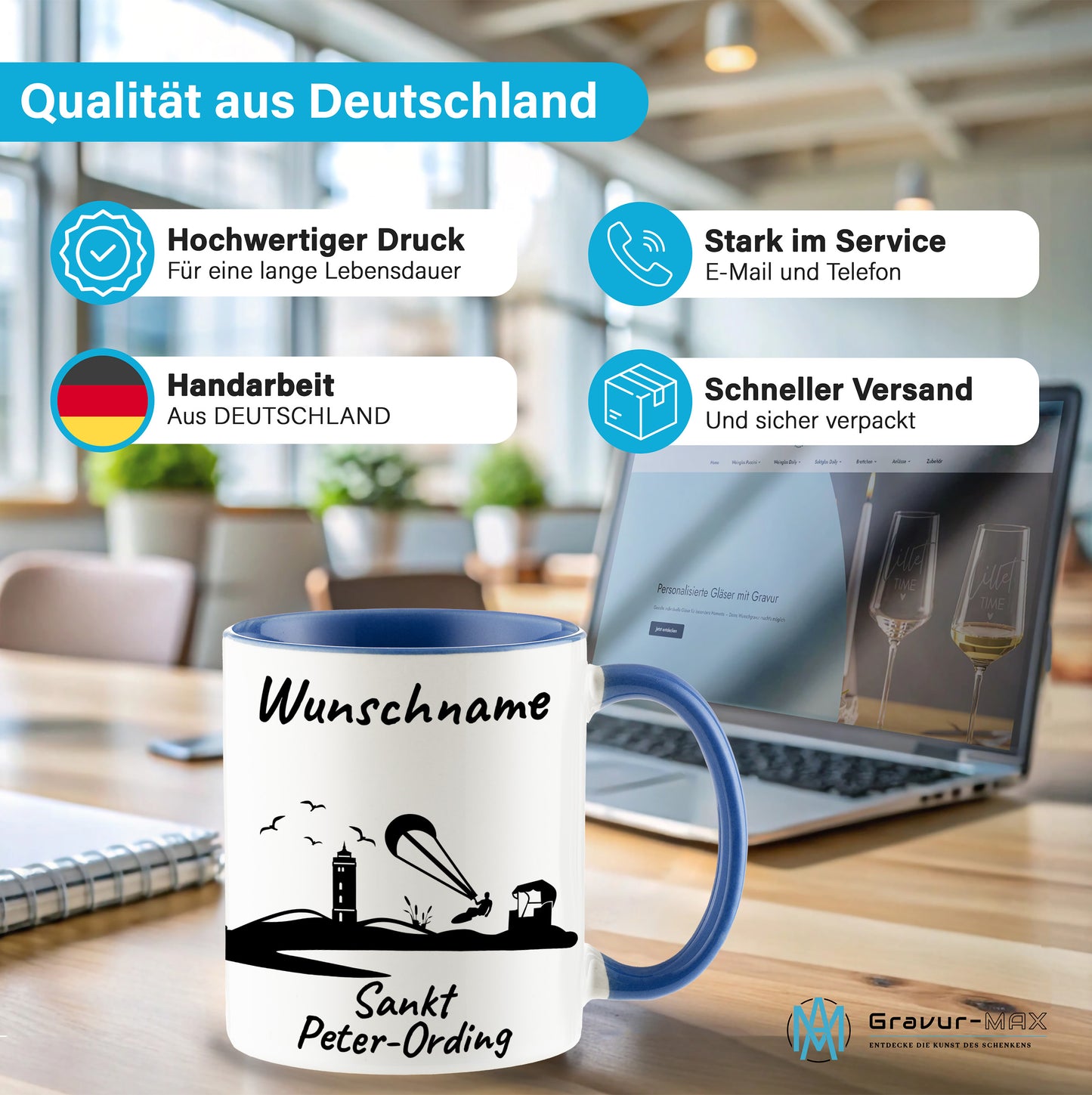 Tasse in Cambridge Blau 330ml bedruckt mit der Skyline von Sankt Peter-Ording personalisierbar mit Wunschname