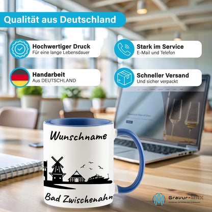 Tasse in Cambridge Blau 330ml bedruckt mit der Skyline von Bad Zwischenahn personalisierbar mit Wunschname