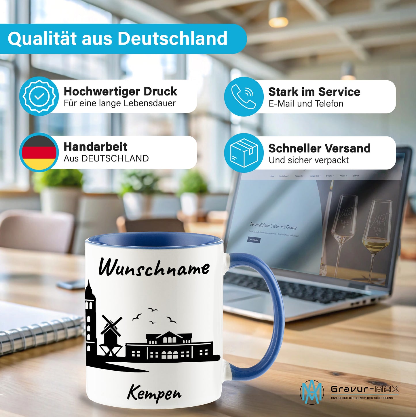 Tasse in Cambridge Blau 330ml bedruckt mit der Skyline von Kempen personalisierbar mit Wunschname