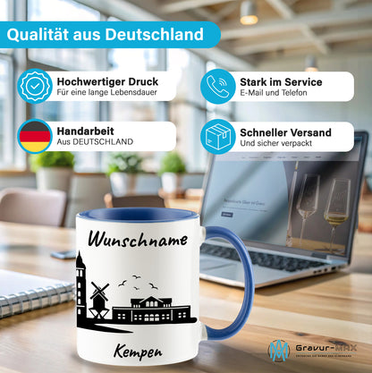 Tasse in Cambridge Blau 330ml bedruckt mit der Skyline von Kempen personalisierbar mit Wunschname