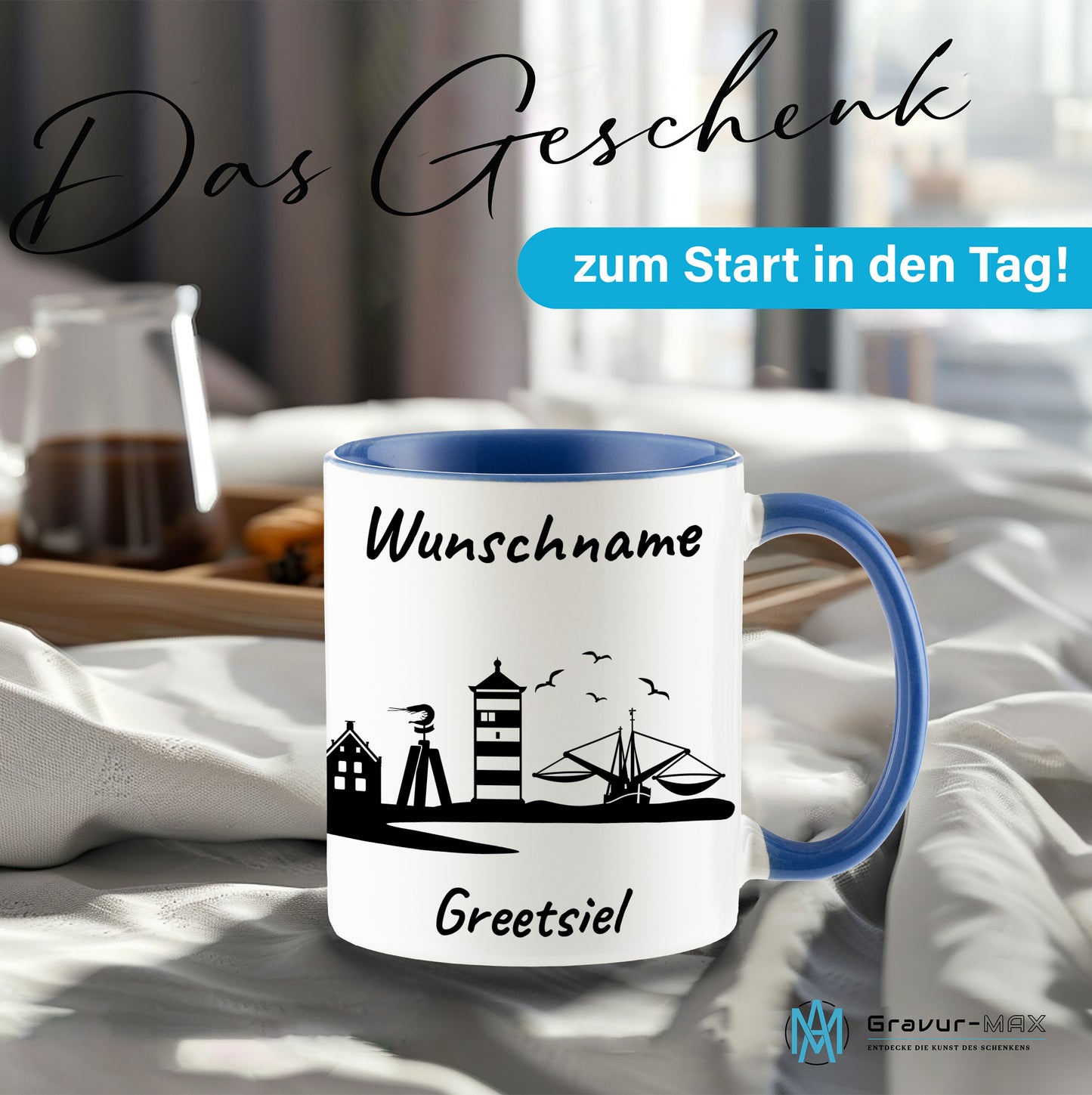 Tasse in Cambridge Blau 330ml bedruckt mit der Skyline von Greetsiel personalisierbar mit Wunschname