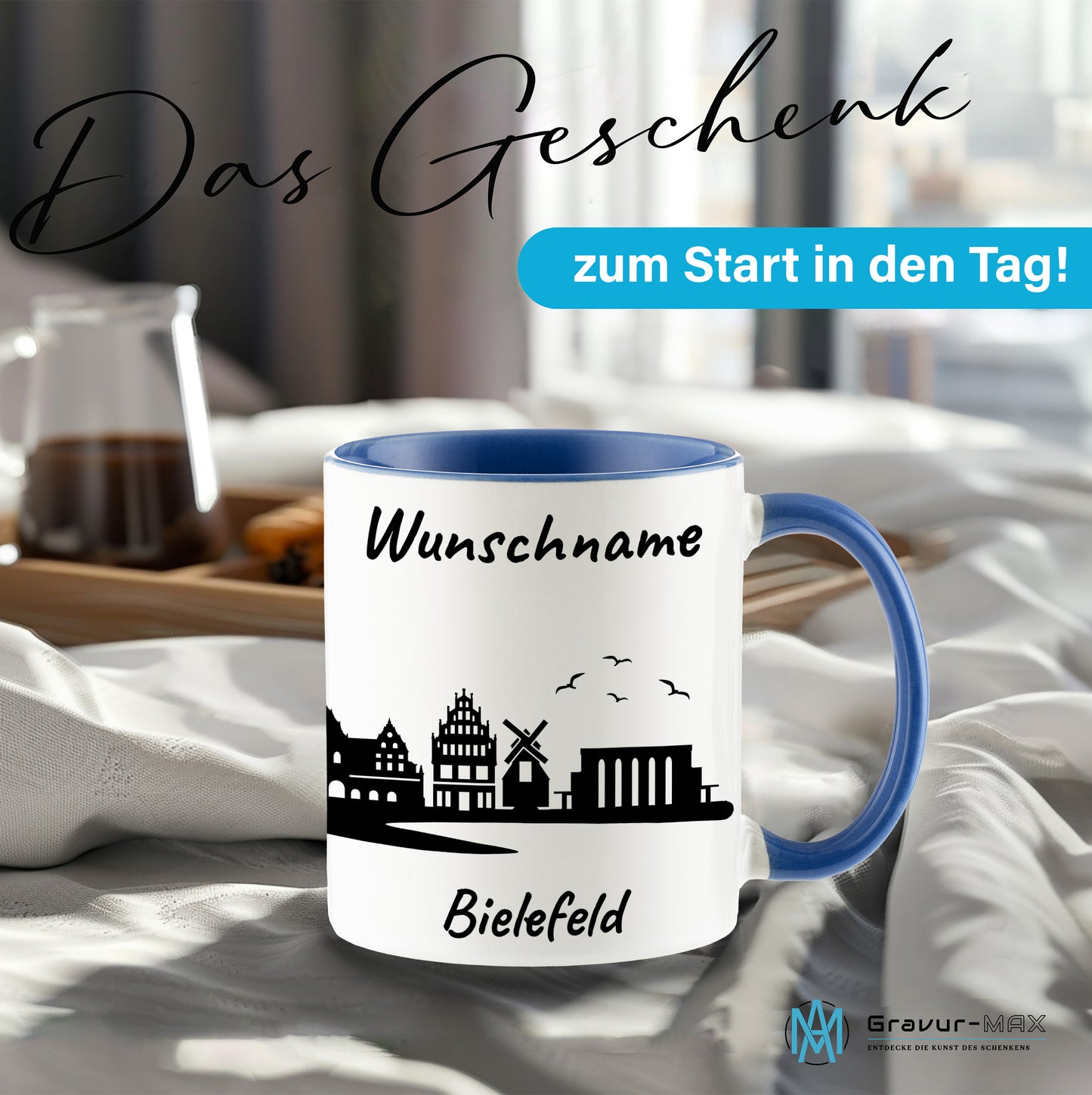 Tasse in Cambridge Blau 330ml bedruckt mit der Skyline von Bielefeld personalisierbar mit Wunschname