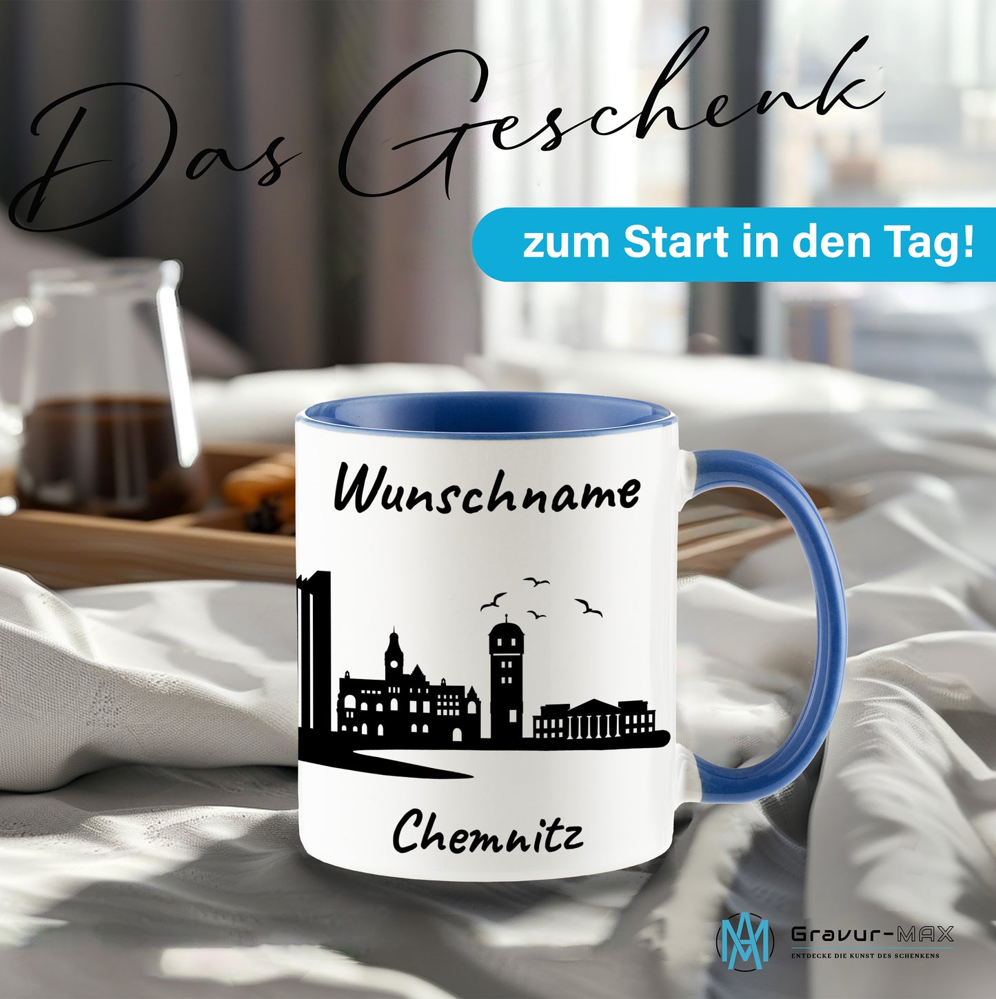 Tasse in Cambridge Blau 330ml bedruckt mit der Skyline von Chemnitz personalisierbar mit Wunschname