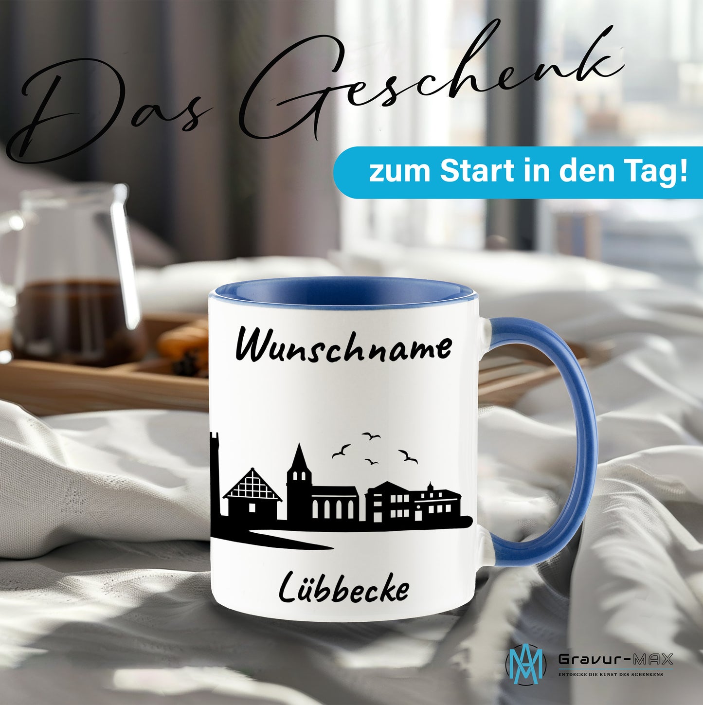 Tasse in Cambridge Blau 330ml bedruckt mit der Skyline von Lübbecke personalisierbar mit Wunschname