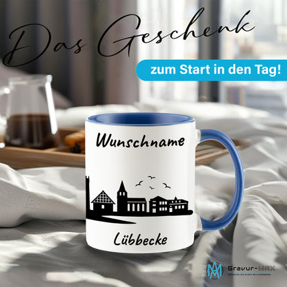 Tasse in Cambridge Blau 330ml bedruckt mit der Skyline von Lübbecke personalisierbar mit Wunschname