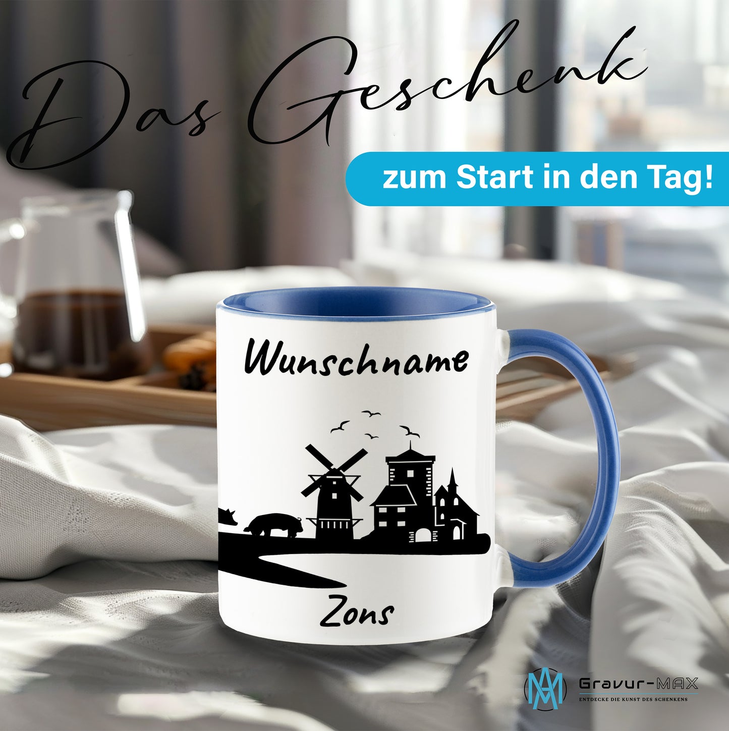 Tasse in Cambridge Blau 330ml bedruckt mit der Skyline von Zons (Dormagen) personalisierbar mit Wunschname