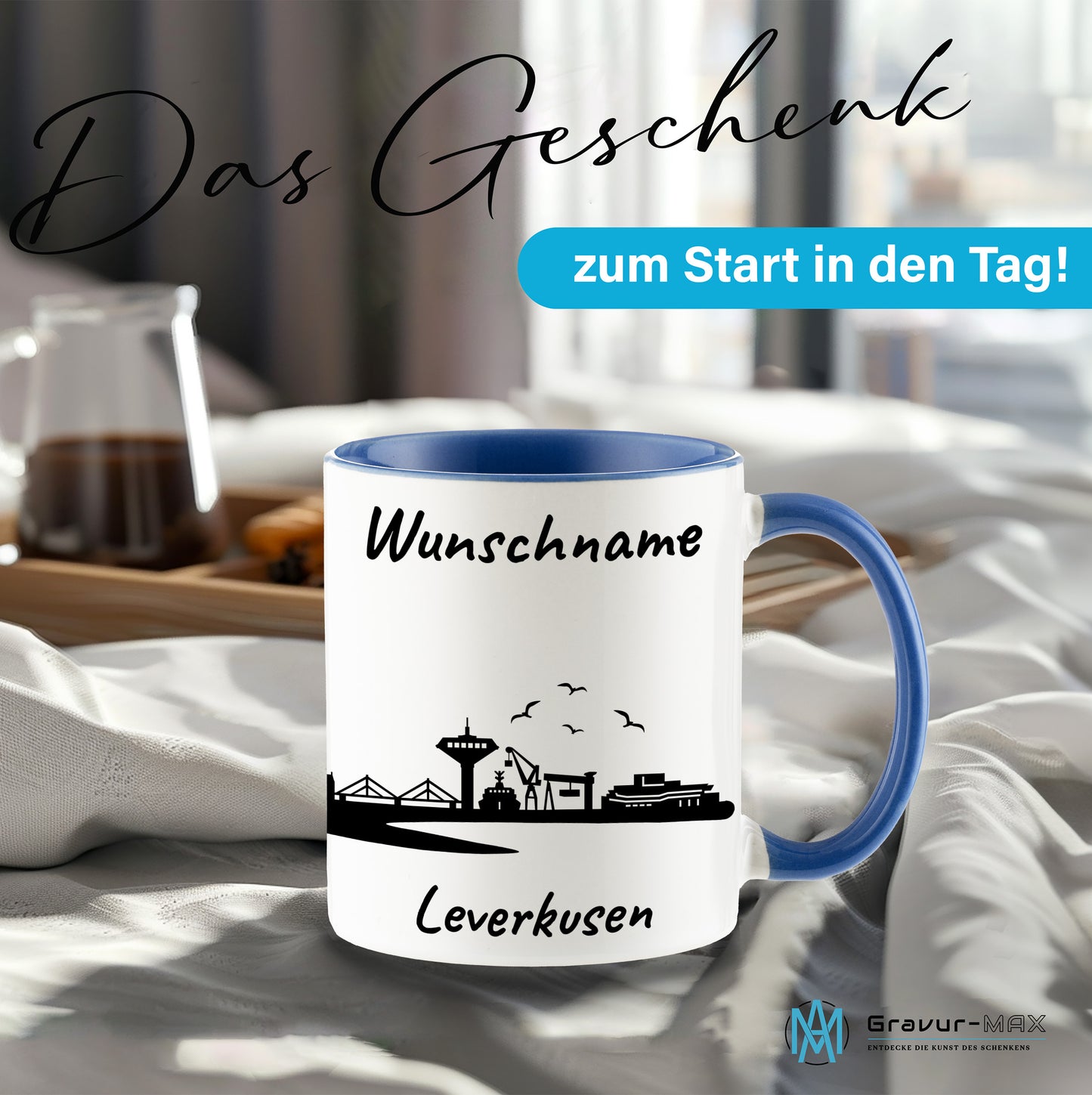 Tasse in Cambridge Blau 330ml bedruckt mit der Skyline von Leverkusen personalisierbar mit Wunschname