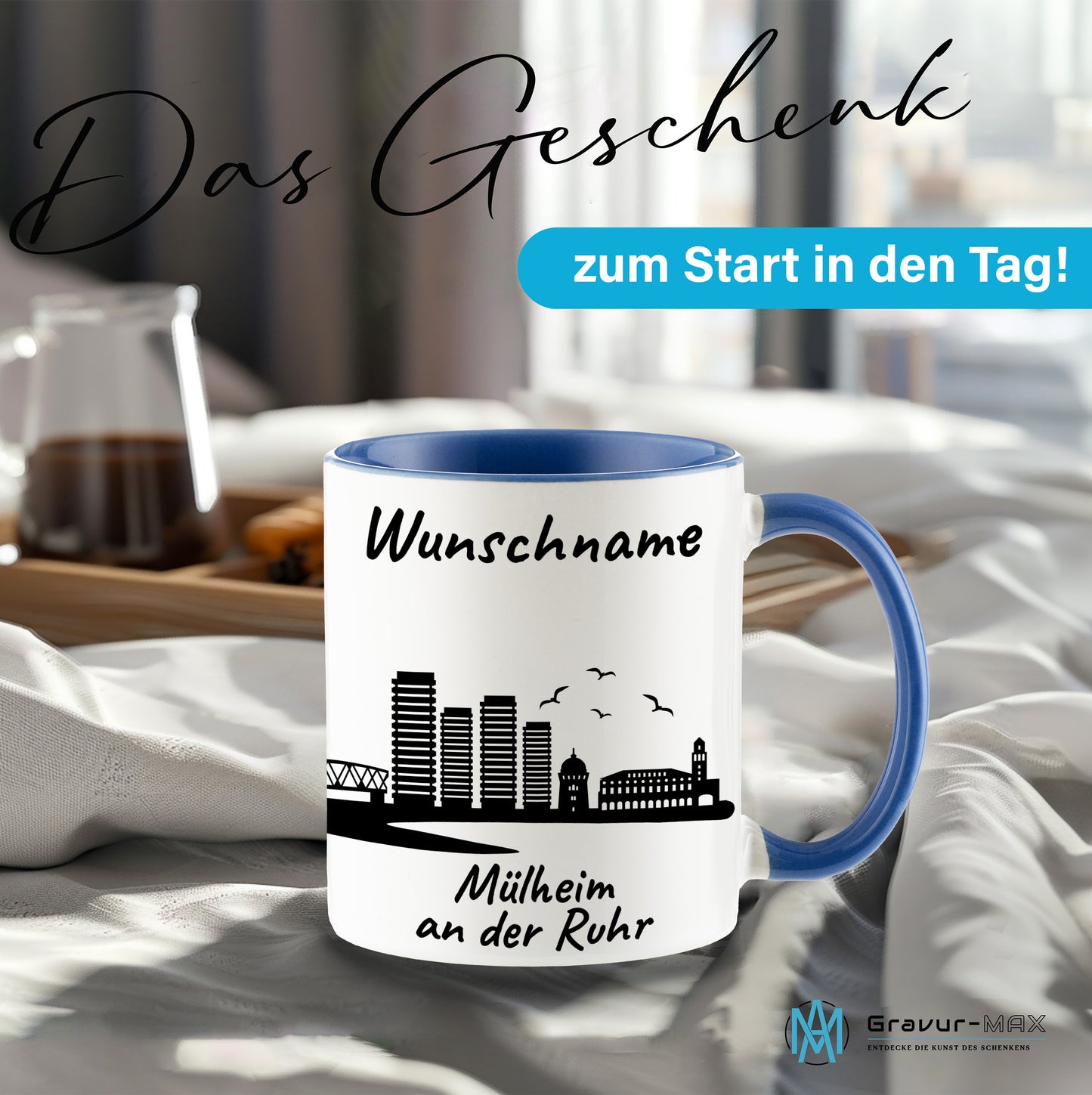 Tasse in Cambridge Blau 330ml bedruckt mit der Skyline von Mülheim an der Ruhr personalisierbar mit Wunschname