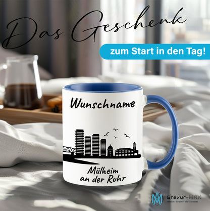 Tasse in Cambridge Blau 330ml bedruckt mit der Skyline von Mülheim an der Ruhr personalisierbar mit Wunschname