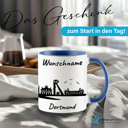 Tasse in Cambridge Blau 330ml bedruckt mit der Skyline von Dortmund personalisierbar mit Wunschname