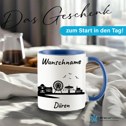 Tasse in Cambridge Blau 330ml bedruckt mit der Skyline von Düren personalisierbar mit Wunschname