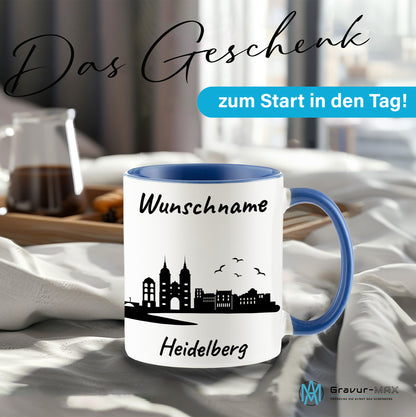 Tasse in Cambridge Blau 330ml bedruckt mit der Skyline von Heidelberg personalisierbar mit Wunschname