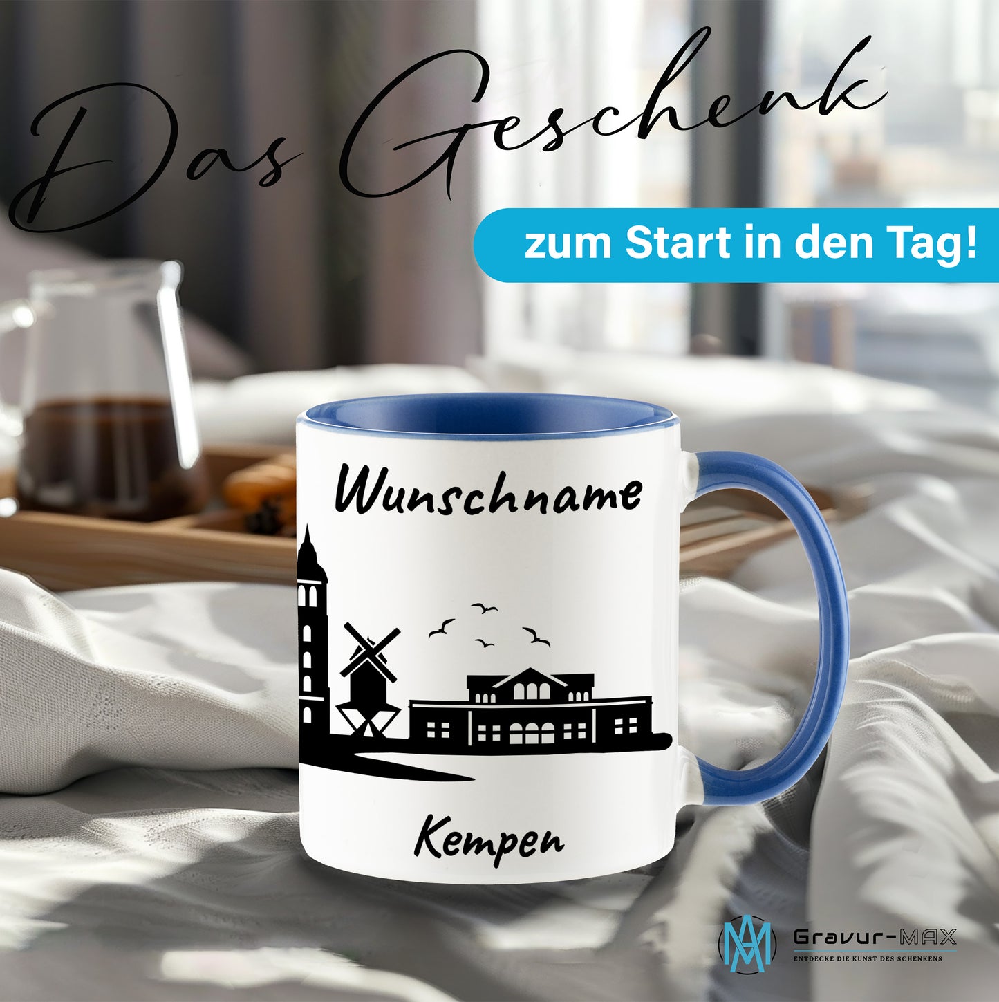 Tasse in Cambridge Blau 330ml bedruckt mit der Skyline von Kempen personalisierbar mit Wunschname