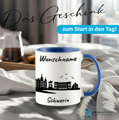 Tasse in Cambridge Blau 330ml bedruckt mit der Skyline von Schwerin personalisierbar mit Wunschname