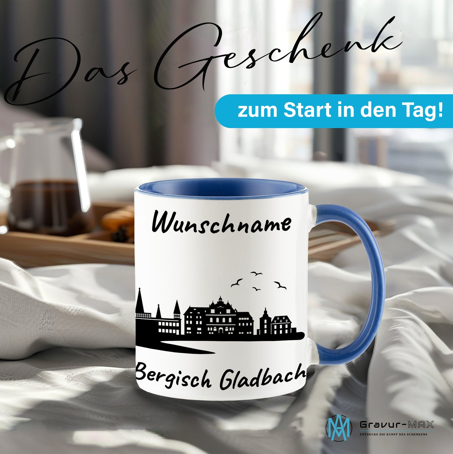 Tasse in Cambridge Blau 330ml bedruckt mit der Skyline von Bergisch Gladbach personalisierbar mit Wunschname