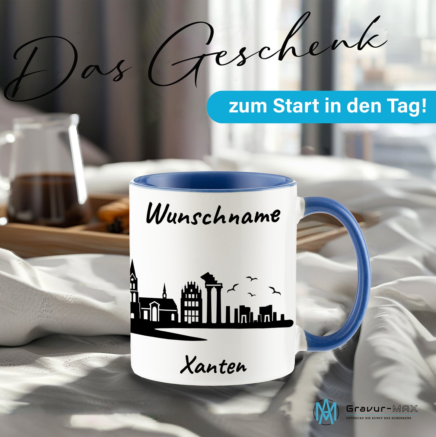Tasse in Cambridge Blau 330ml bedruckt mit der Skyline von Xanten personalisierbar mit Wunschname