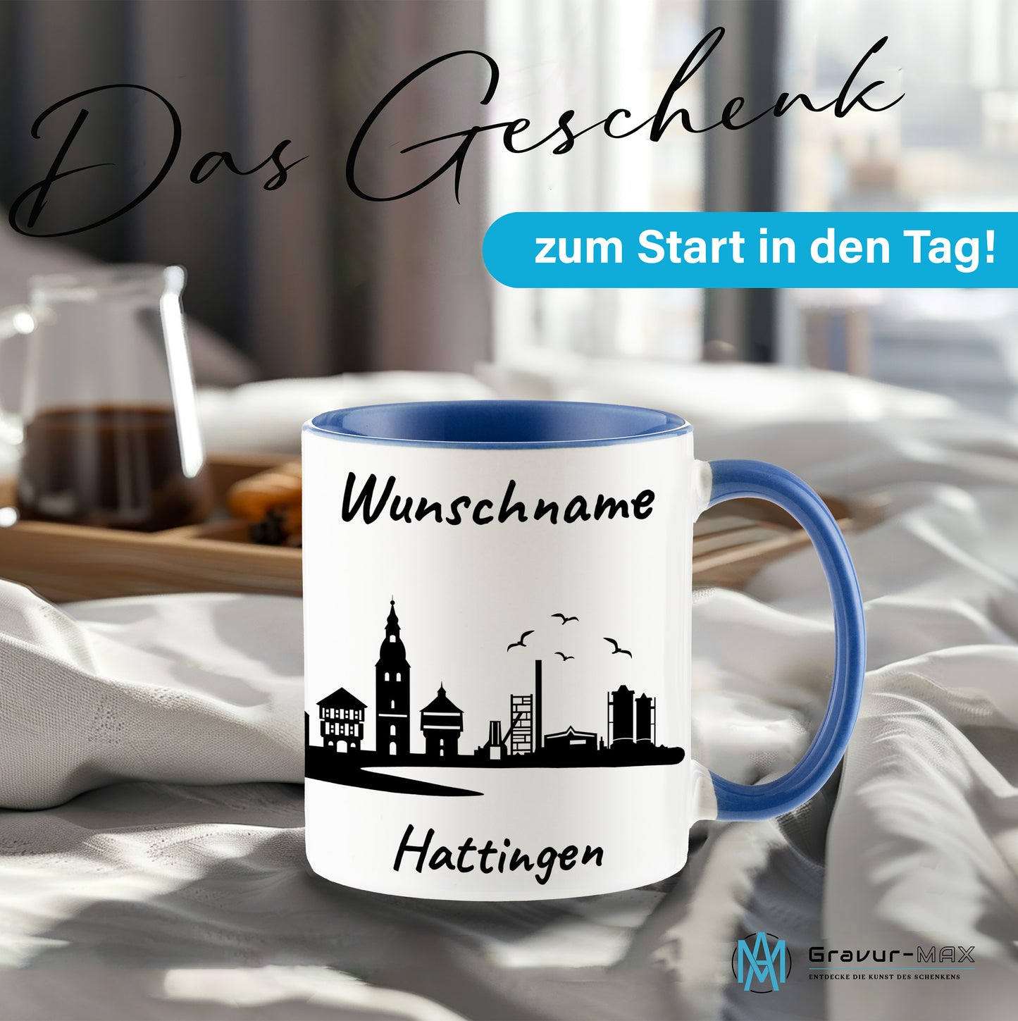 Tasse in Cambridge Blau 330ml bedruckt mit der Skyline von Hattingen personalisierbar mit Wunschname