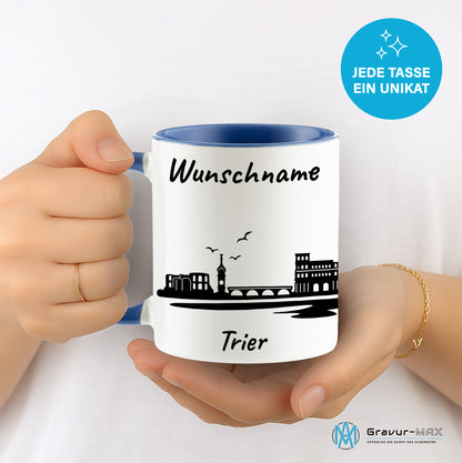 Tasse in Cambridge Blau 330ml bedruckt mit der Skyline von Trier personalisierbar mit Wunschname