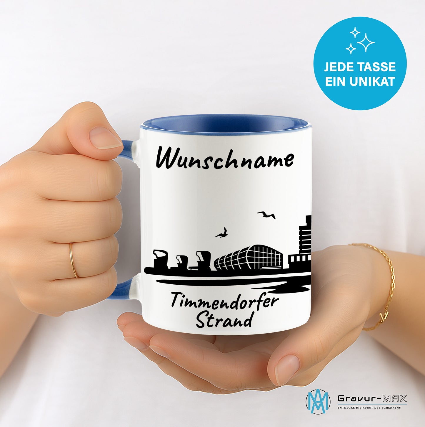 Tasse in Cambridge Blau 330ml bedruckt mit der Skyline von Timmendorfer Strand personalisierbar mit Wunschname