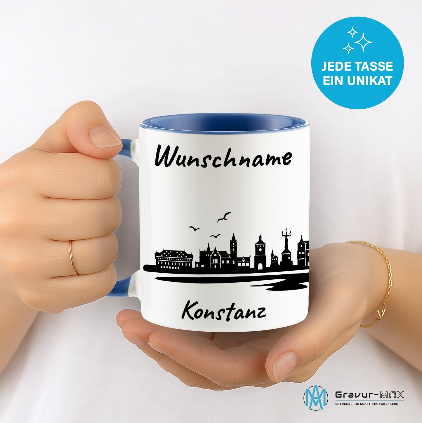 Tasse in Cambridge Blau 330ml bedruckt mit der Skyline von Konstanz personalisierbar mit Wunschname