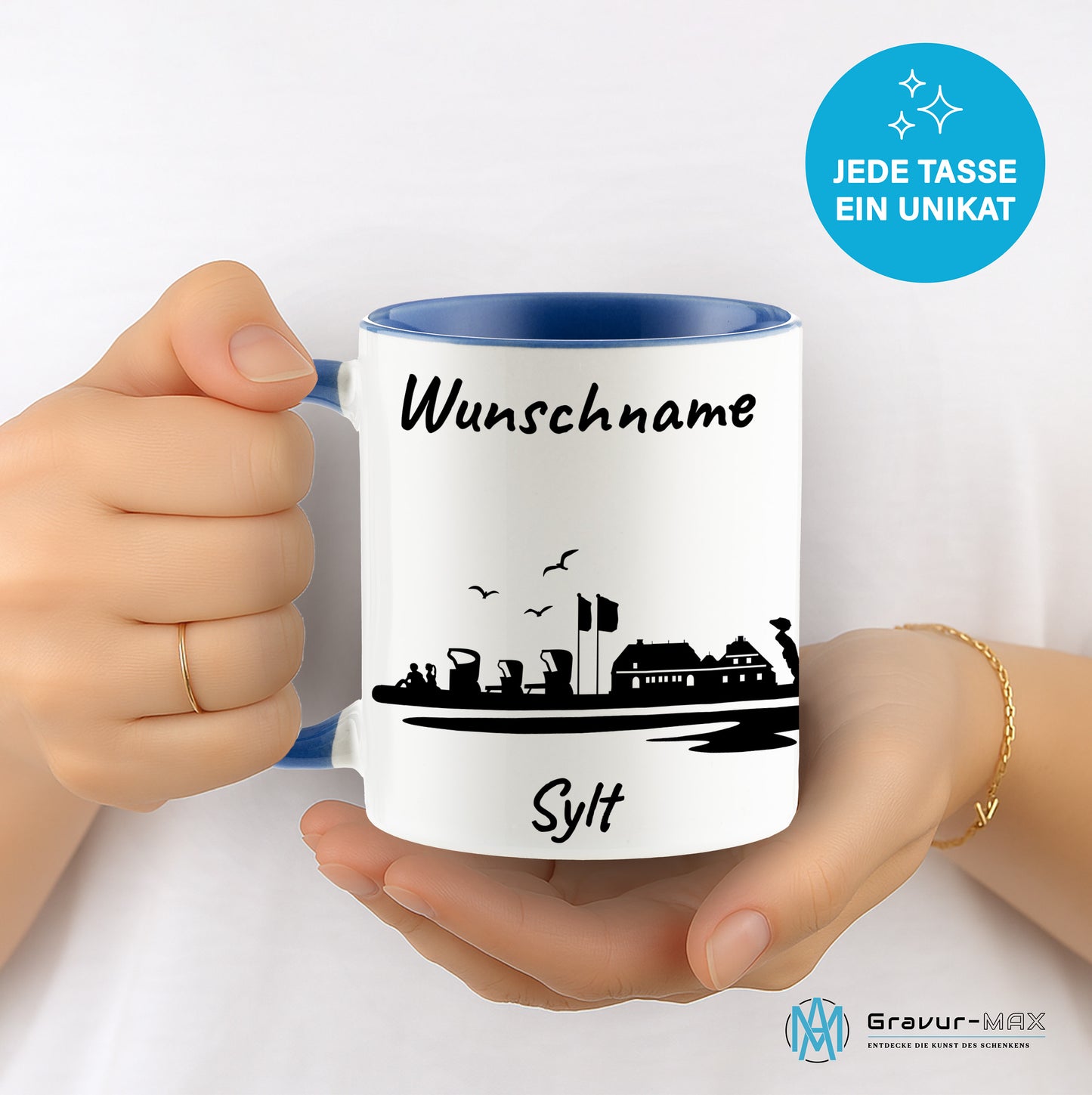 Tasse in Cambridge Blau 330ml bedruckt mit der Skyline von Sylt personalisierbar mit Wunschname