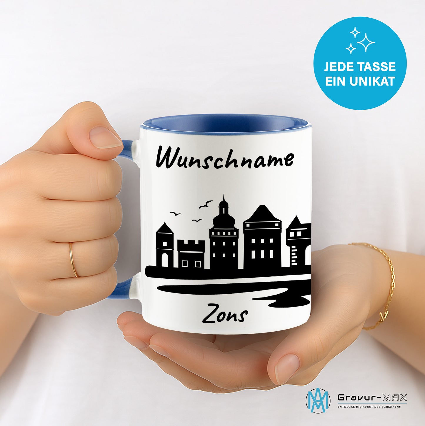 Tasse in Cambridge Blau 330ml bedruckt mit der Skyline von Zons (Dormagen) personalisierbar mit Wunschname