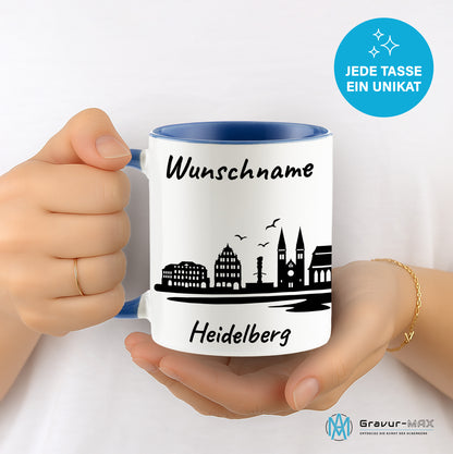 Tasse in Cambridge Blau 330ml bedruckt mit der Skyline von Heidelberg personalisierbar mit Wunschname