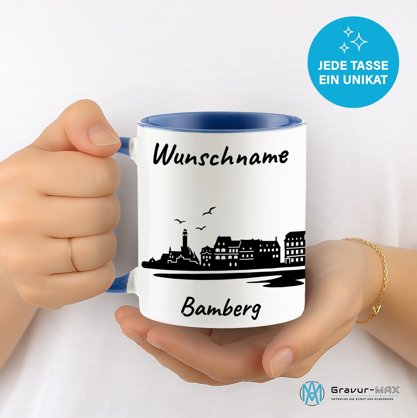 Tasse in Cambridge Blau 330ml bedruckt mit der Skyline von Bamberg personalisierbar mit Wunschname