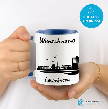 Tasse in Cambridge Blau 330ml bedruckt mit der Skyline von Leverkusen personalisierbar mit Wunschname