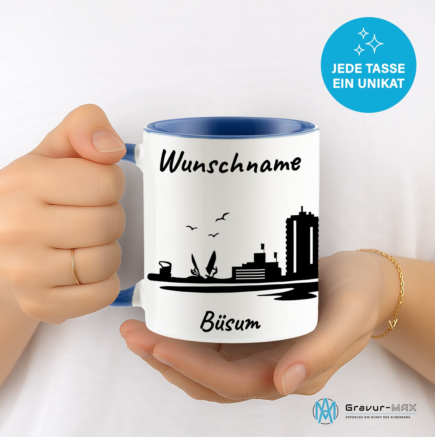 Tasse in Cambridge Blau 330ml bedruckt mit der Skyline von Büsum personalisierbar mit Wunschname