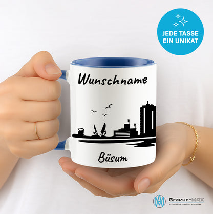 Tasse in Cambridge Blau 330ml bedruckt mit der Skyline von Büsum personalisierbar mit Wunschname