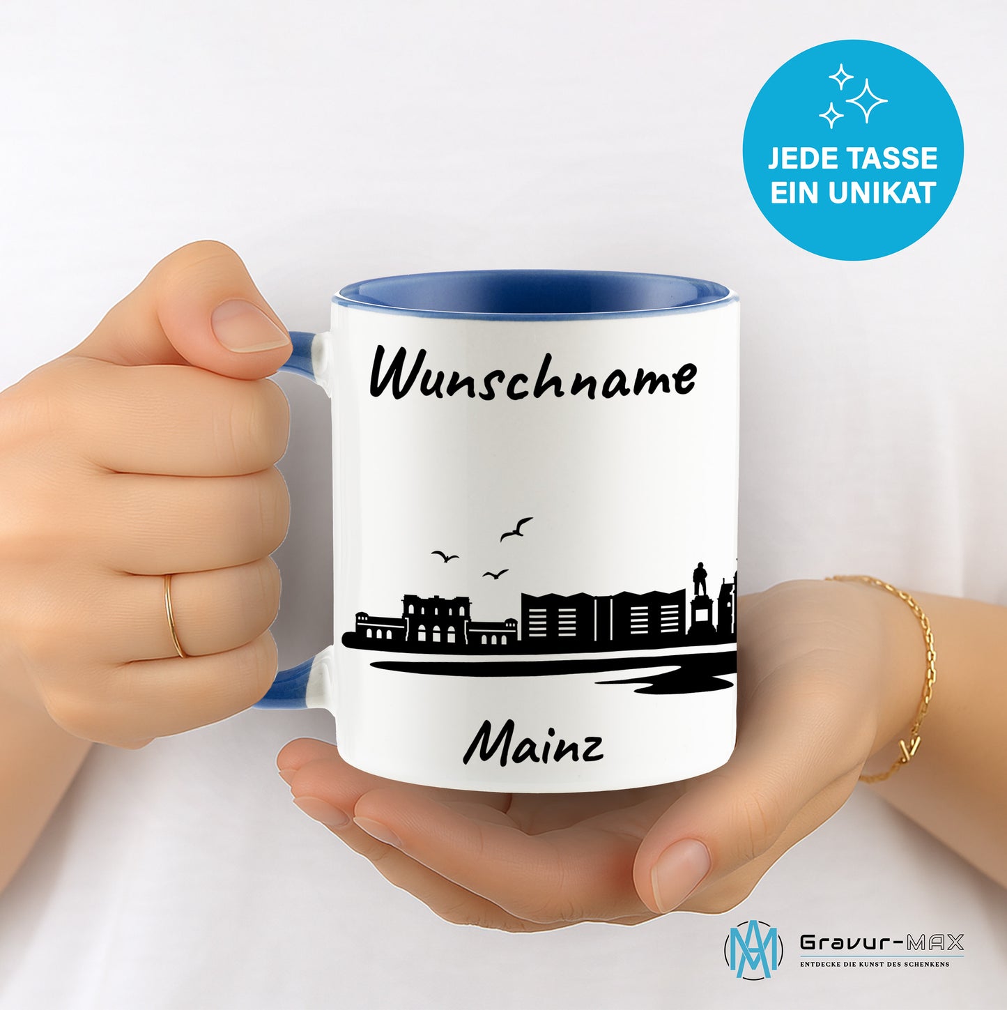 Tasse in Cambridge Blau 330ml bedruckt mit der Skyline von Mainz personalisierbar mit Wunschname