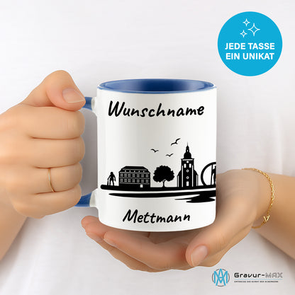 Tasse in Cambridge Blau 330ml bedruckt mit der Skyline von Mettmann personalisierbar mit Wunschname