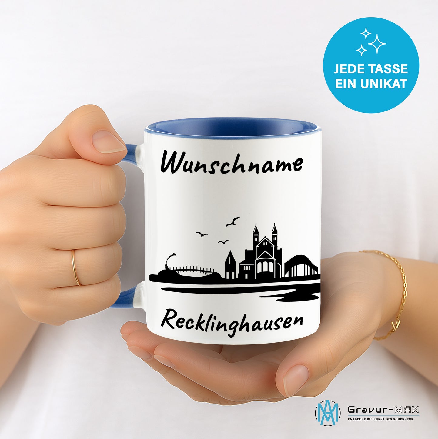 Tasse in Cambridge Blau 330ml bedruckt mit der Skyline von Recklinghausen personalisierbar mit Wunschname