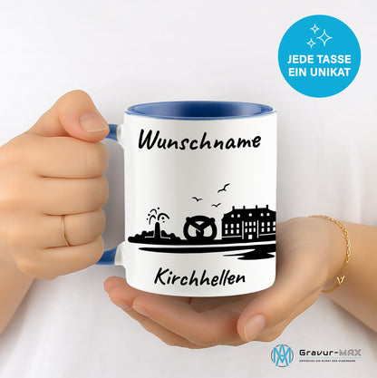 Tasse in Cambridge Blau 330ml bedruckt mit der Skyline von Kirchhellen personalisierbar mit Wunschname