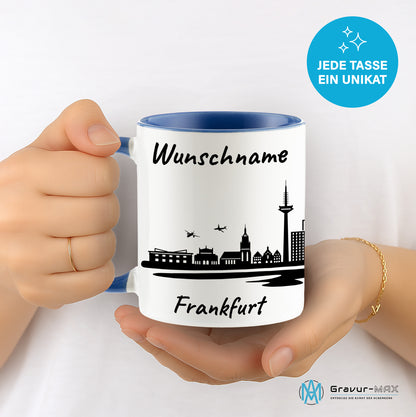 Tasse in Cambridge Blau 330ml bedruckt mit der Skyline von Frankfurt personalisierbar mit Wunschname