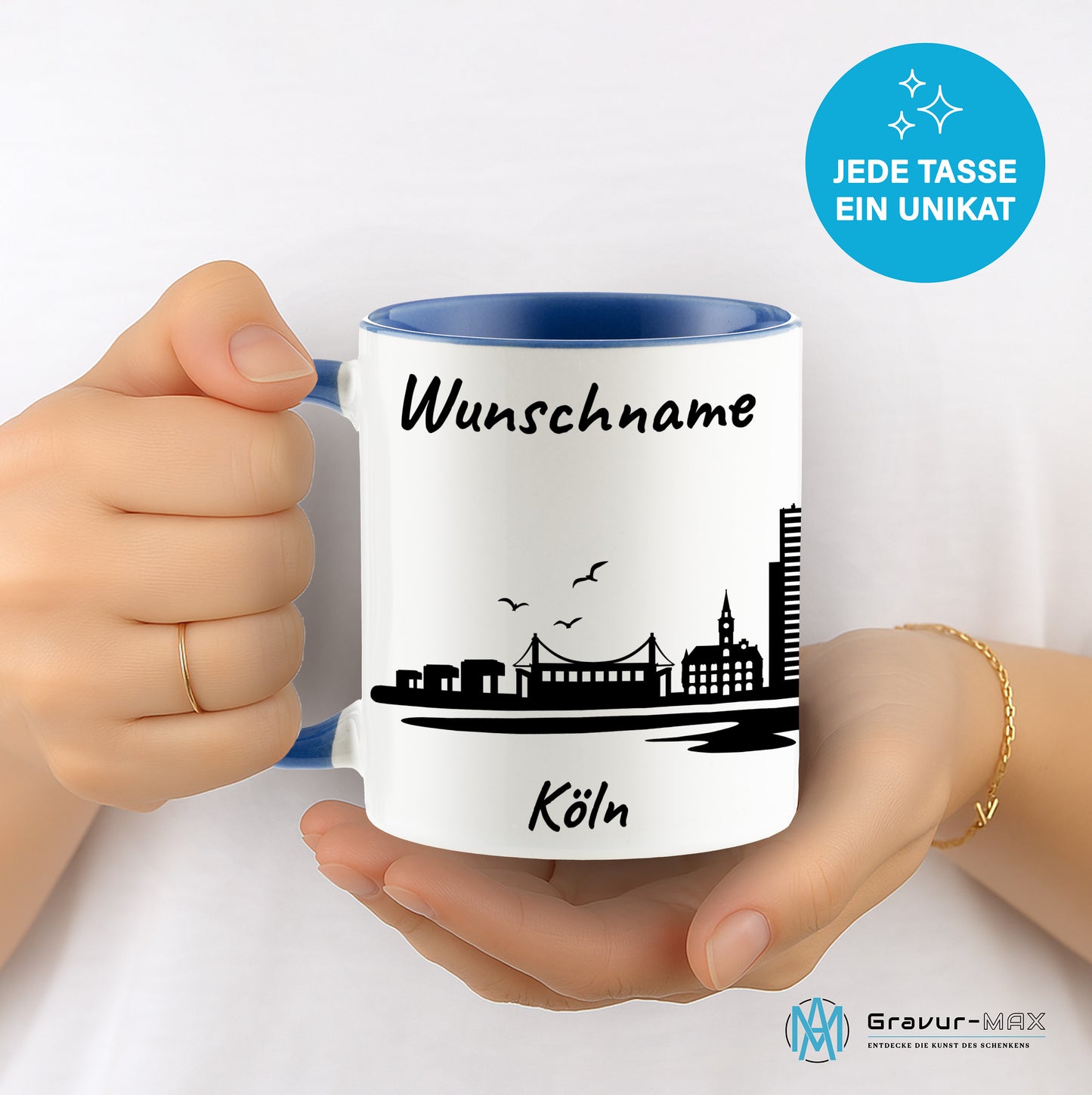 Tasse in Cambridge Blau 330ml bedruckt mit der Skyline von Köln personalisierbar mit Wunschname