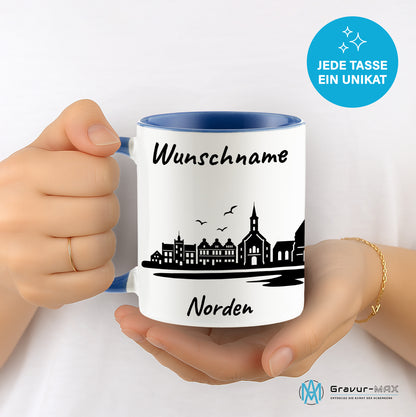 Tasse in Cambridge Blau 330ml bedruckt mit der Skyline von Norden personalisierbar mit Wunschname