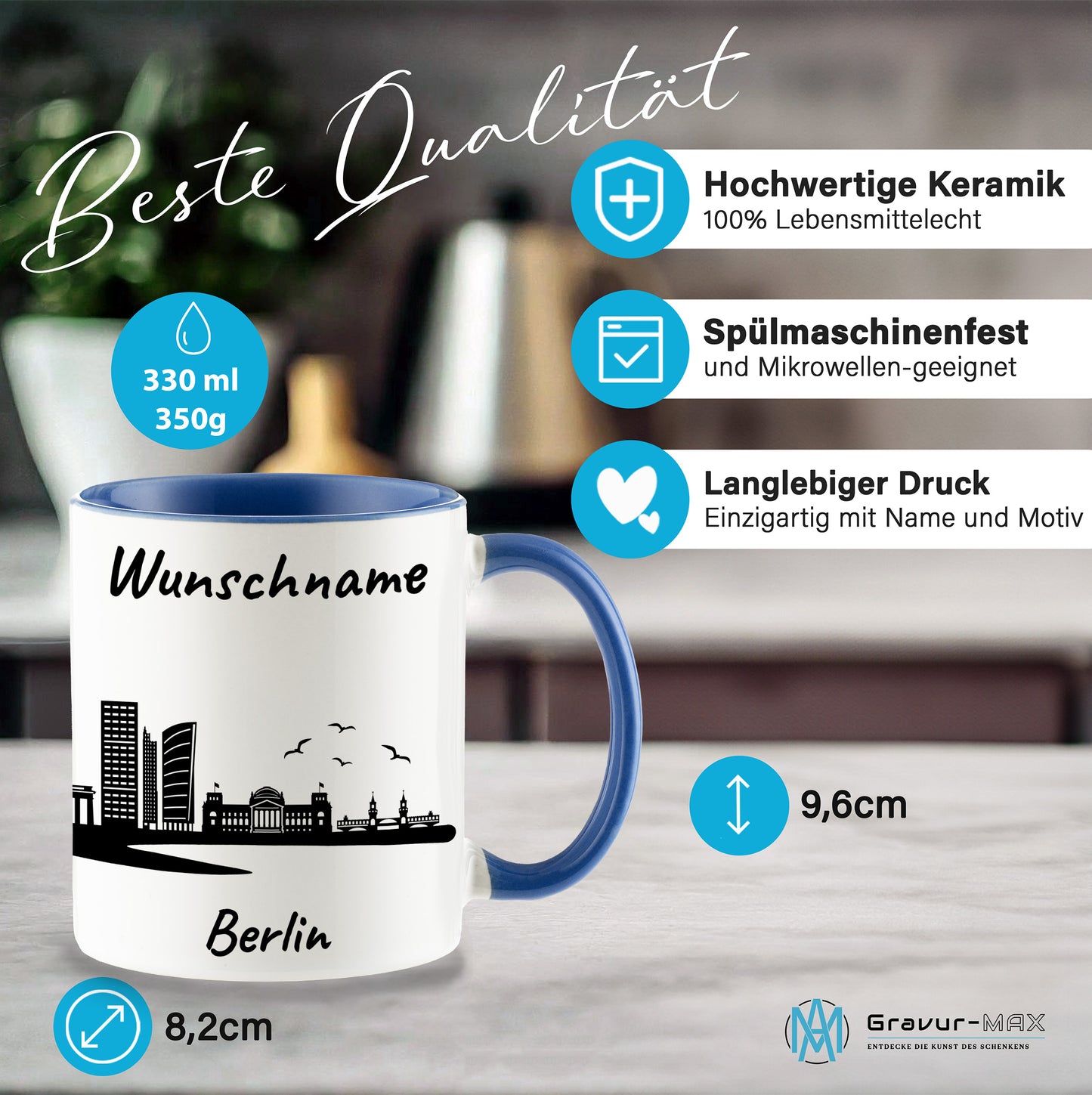Tasse in Cambridge Blau 330ml bedruckt mit der Skyline von Berlin personalisierbar mit Wunschname