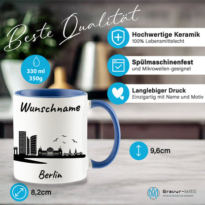 Tasse in Cambridge Blau 330ml bedruckt mit der Skyline von Berlin personalisierbar mit Wunschname