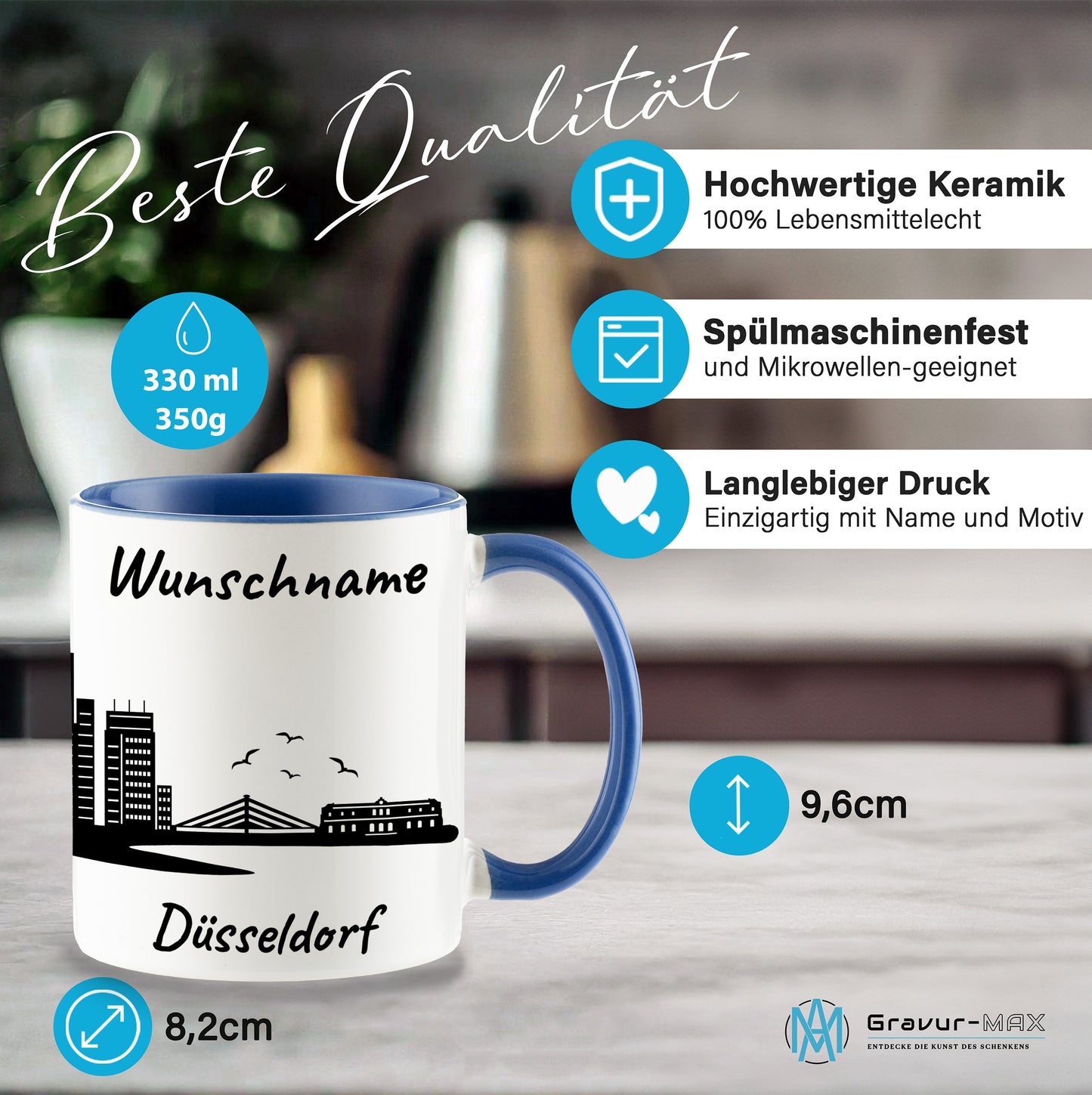 Tasse in Cambridge Blau 330ml bedruckt mit der Skyline von Düsseldorf personalisierbar mit Wunschname